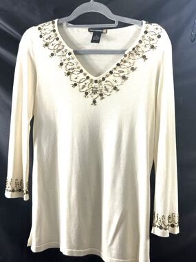 Sweaterworks White Beaded & Embroidery Work In Cream Silk Blend Sz L